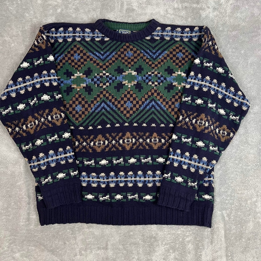 VTG 1990s Chaps Ralph Lauren Knit Sweater Mens L Fair Isle Tribal Made in USA